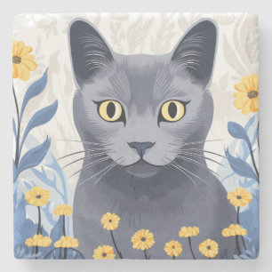 Rysk blå katt Yellow Flowers Marble Stenunderlägg