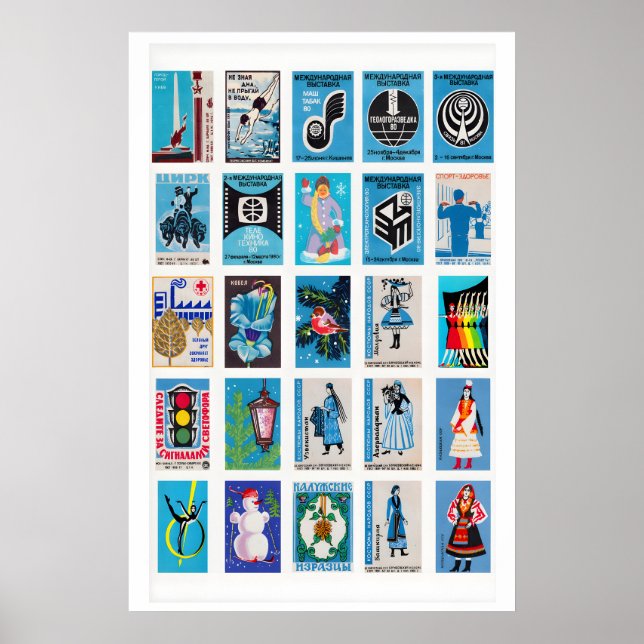 Rysk blå retro tändsticksask etiketter väggkonst (Framsidan)