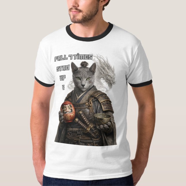 Rysk Blå Samurajkatt T Shirt (Framsida)