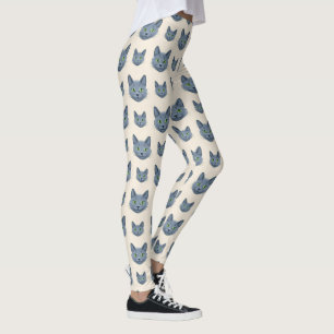 Rysk Blå Söt Elegant Kattmönster Leggings