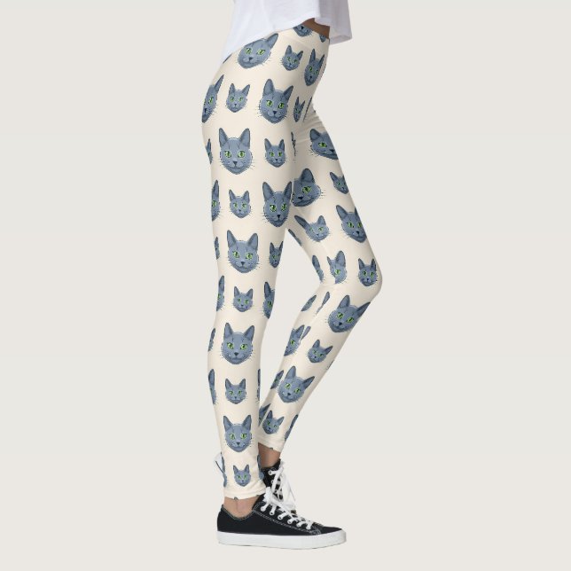 Rysk Blå Söt Elegant Kattmönster Leggings (Höger)