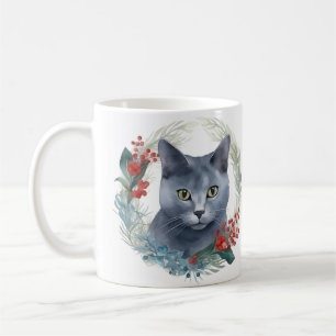 Rysk blått katt jul, andningsfest kaffemugg