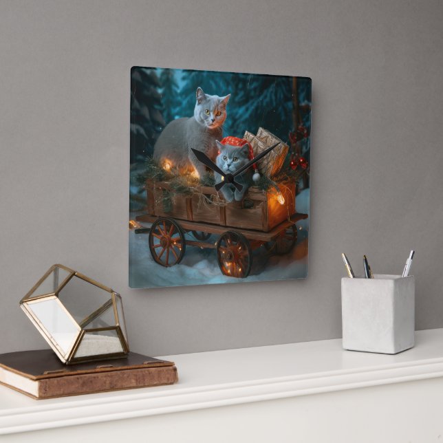 Rysk blått katt Snowy Sleigh-juldekretet Fyrkantig Klocka (Kontor)