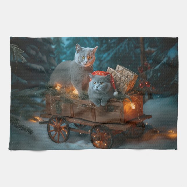 Rysk blått katt Snowy Sleigh-juldekretet Kökshandduk (Horisontell)