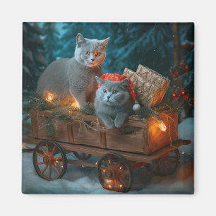 Rysk blått katt Snowy Sleigh-juldekretet Magnet