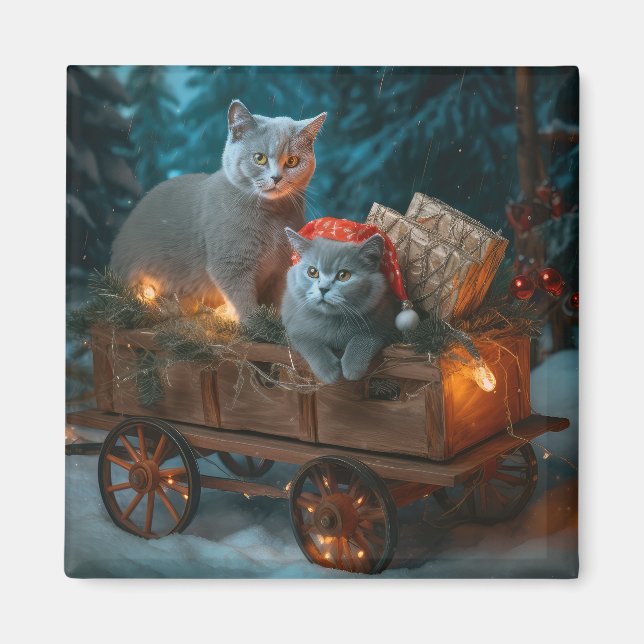 Rysk blått katt Snowy Sleigh-juldekretet Magnet (Framsidan)