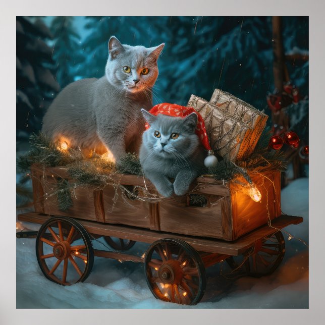 Rysk blått katt Snowy Sleigh-juldekretet Poster (Framsidan)