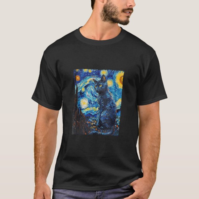 Rysk Blue Cat Painting Art Starry Night Van Gog T Shirt (Framsida)