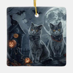 Rysk Blue Cats Halloween-taloky Julgransprydnad Keramik