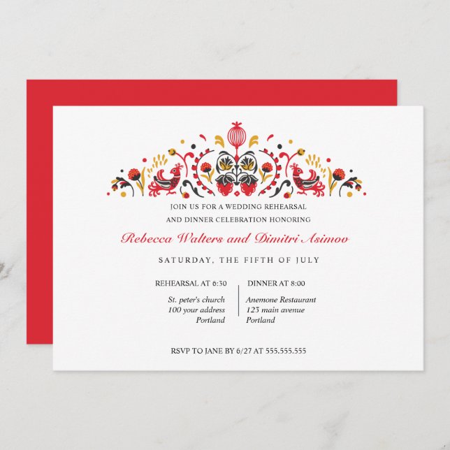 Rysk folkart Khokhloma Rehearsal Dinner Inbjudningar (Fram/baksida)