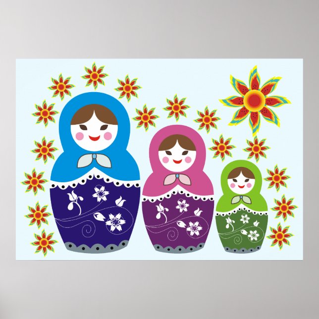 Rysk Matryoshka Doll i solblommor Poster (Framsidan)
