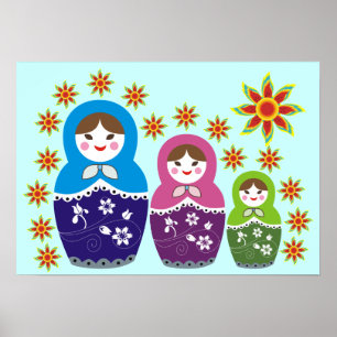 Rysk Matryoshka Doll i solblommor Poster