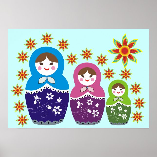 Rysk Matryoshka Doll i solblommor Poster (Framsidan)