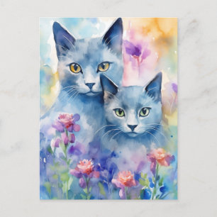 Ryska blå katter Flower fält Vykort
