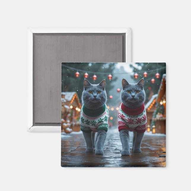 Ryska blå katter jul snö semester  magnet (Front/Back)
