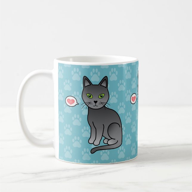 Ryska blå katter med hjärtan på blå bakgrund kaffemugg (Vänster)