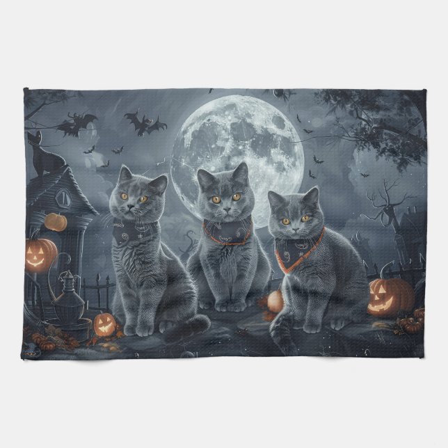 Ryska blåa katter Halloween kuslig Kökshandduk (Horisontell)