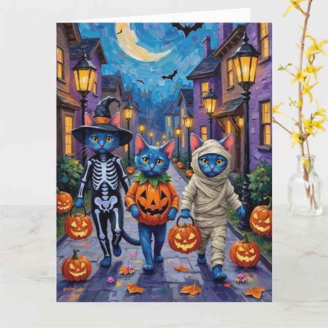 Ryska blåkatten i Halloween-kostymer Kort (Gul blomma)