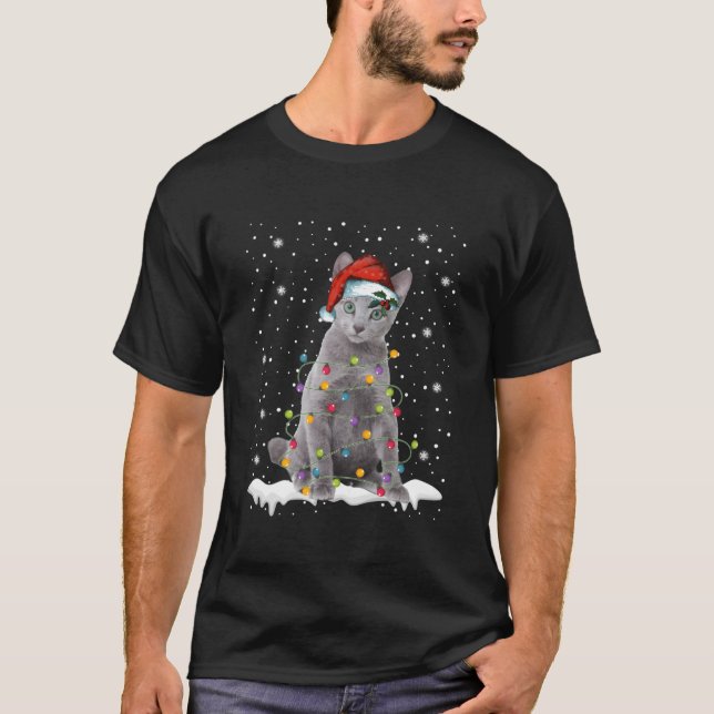 ryska Blue Cat Funny jul Ljus Sweater Xm T Shirt (Framsida)