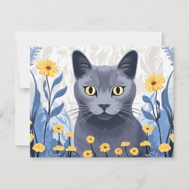 Ryska Blue Cat Gula blommor Anteckningskort (Framsida)
