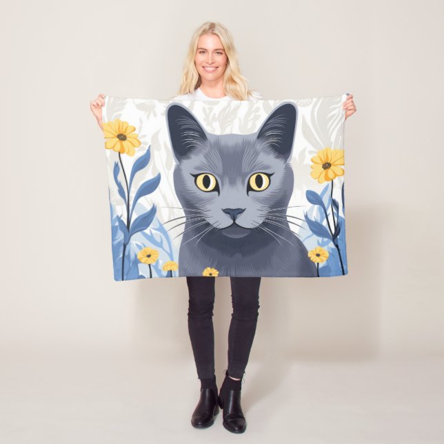 Ryska Blue Cat Gula blommor Fleecefilt (På plats)