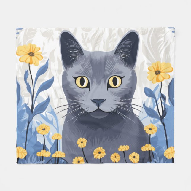 Ryska Blue Cat Gula blommor Fleecefilt (Framsidan (Horisontell))