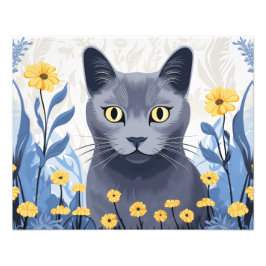 Ryska Blue Cat Gula blommor Fototryck