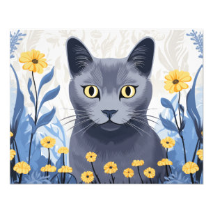 Ryska Blue Cat Gula blommor Fototryck