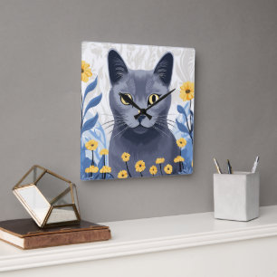Ryska Blue Cat Gula blommor Fyrkantig Klocka