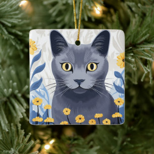 Ryska Blue Cat Gula blommor Julgransprydnad Keramik