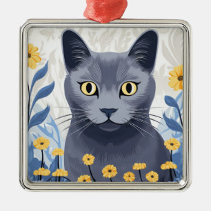 Ryska Blue Cat Gula blommor Julgransprydnad Metall