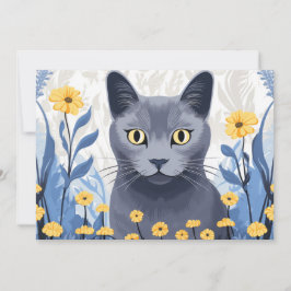 Ryska Blue Cat Gula blommor Julkort