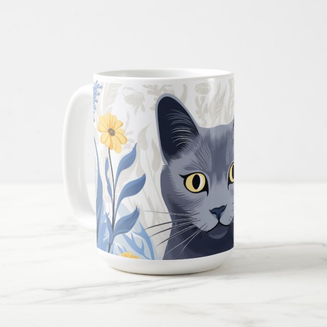Ryska Blue Cat Gula blommor Kaffemugg (Framsida vänster)