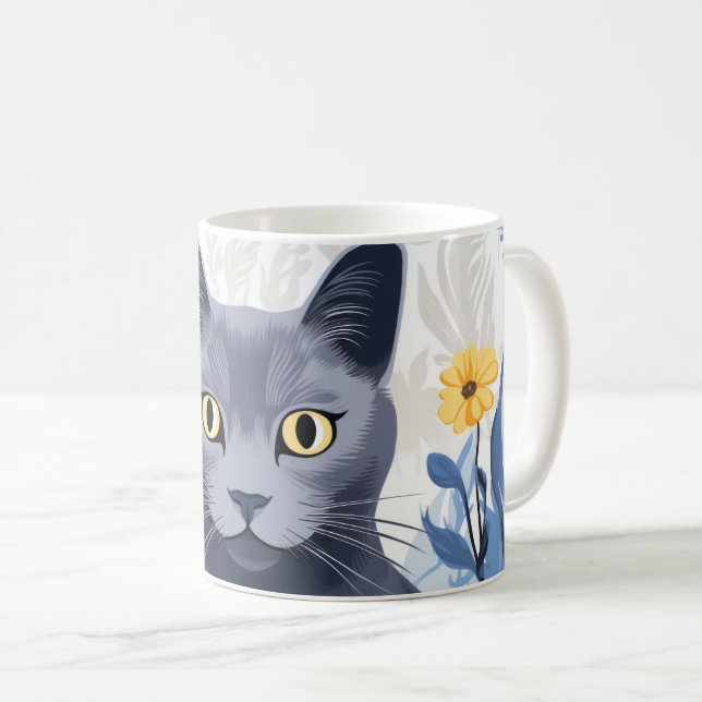 Ryska Blue Cat Gula blommor Kaffemugg (Framsida höger)