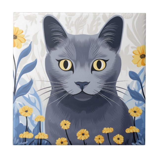 Ryska Blue Cat Gula blommor Kakelplatta (Framsidan)