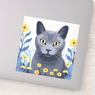 Ryska Blue Cat Gula blommor Klistermärken