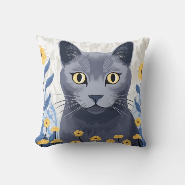 Ryska Blue Cat Gula blommor Kudde (Framsida)