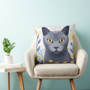 Ryska Blue Cat Gula blommor Kudde