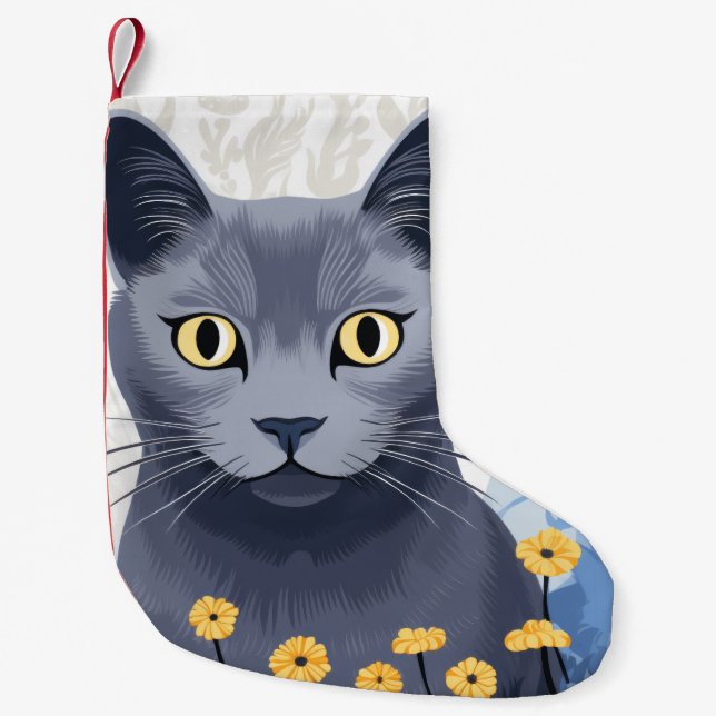 Ryska Blue Cat Gula blommor Liten Julstrumpa (Framsidan)