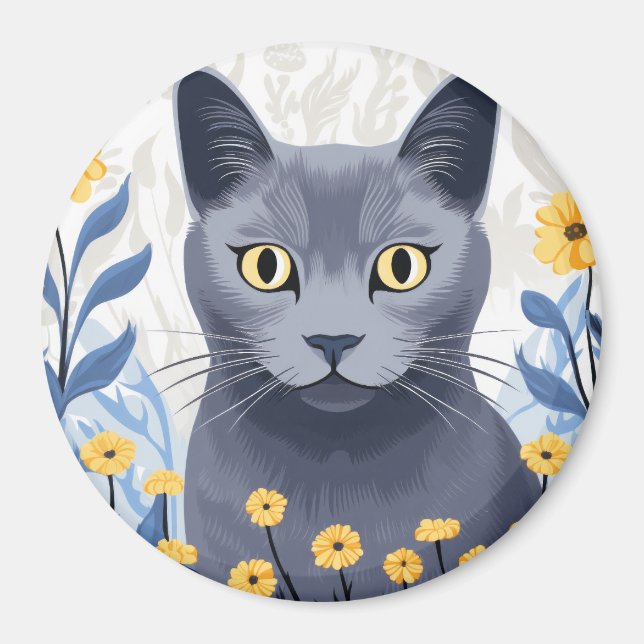 Ryska Blue Cat Gula blommor Magnet (Framsidan)