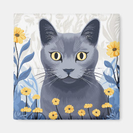 Ryska Blue Cat Gula blommor Magnet