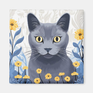 Ryska Blue Cat Gula blommor Magnet