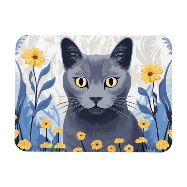 Ryska Blue Cat Gula blommor Magnet (Horisontell)