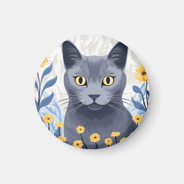 Ryska Blue Cat Gula blommor Magnet (Framsidan)
