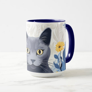 Ryska Blue Cat Gula blommor Mugg