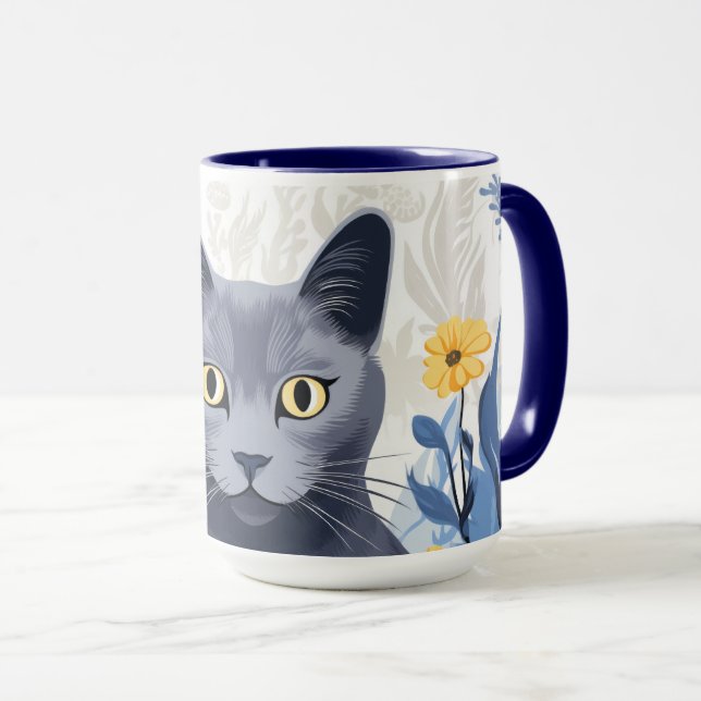 Ryska Blue Cat Gula blommor Mugg (Framsida höger)