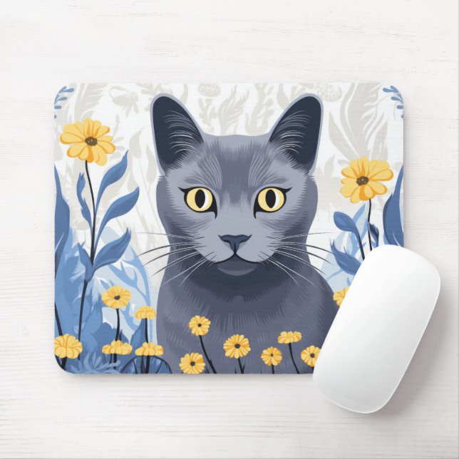 Ryska Blue Cat Gula blommor Musmatta (Med mus)