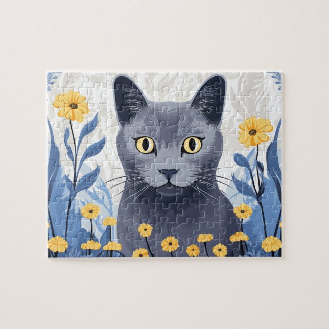 Ryska Blue Cat Gula blommor Pussel (Horisontell)