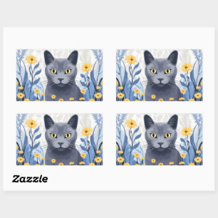 Ryska Blue Cat Gula blommor Rektangulärt Klistermärke