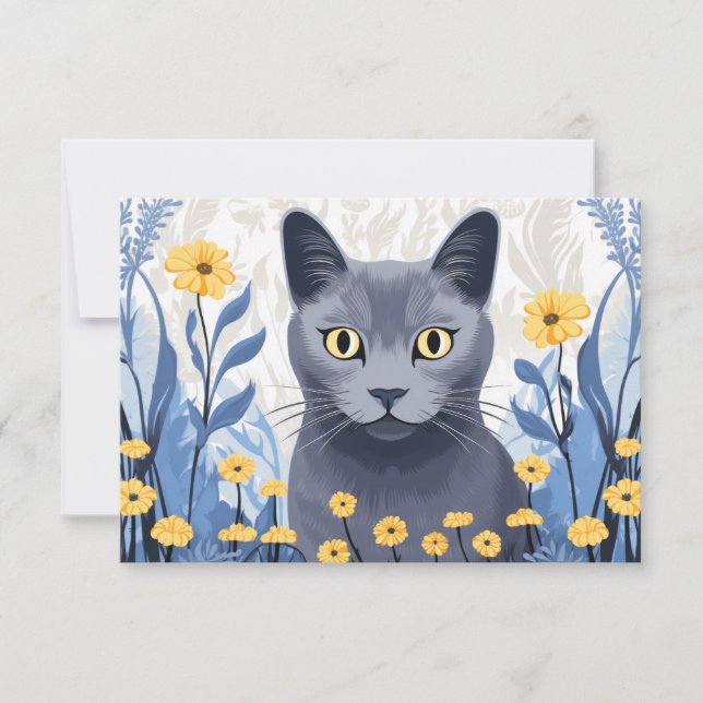 Ryska Blue Cat Gula blommor Tack Kort (Framsida)